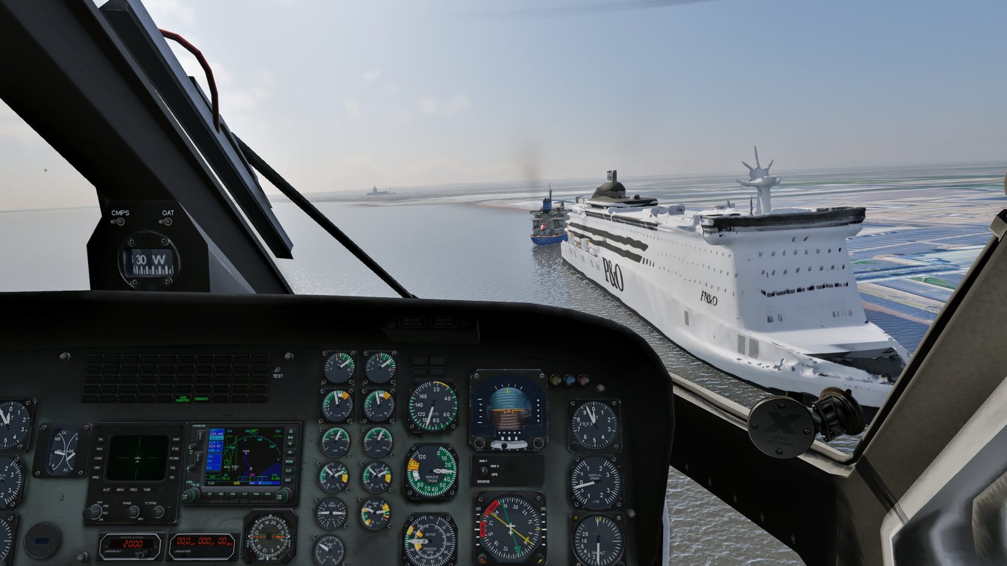 Following a ferry out to sea in the S-76C, with other live traffic on the horizon