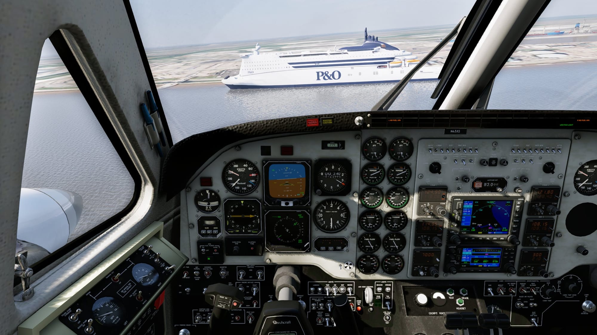 On approach in a King Air, with a P&O ferry in its real-world position ahead