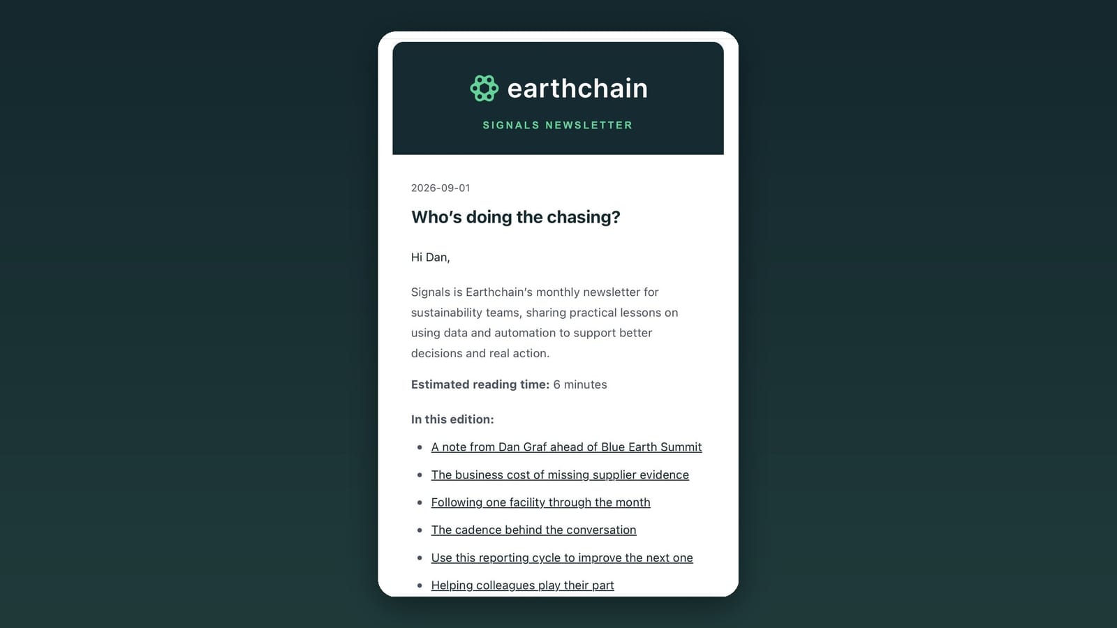 The September 2026 edition of Earthchain's SIGNALS newsletter, "Who's doing the chasing?"