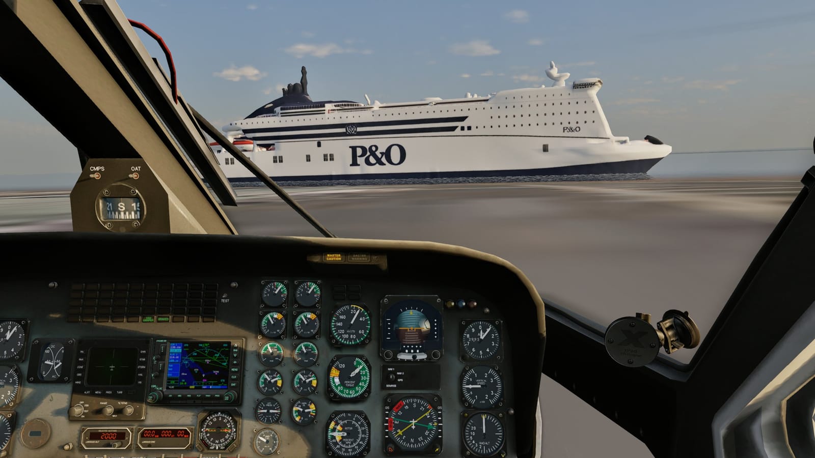 A P&O ferry seen from the cockpit of an S-76C helicopter in X-Plane 12
